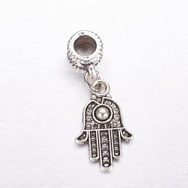 Tibetische Legierung europäische baumelnde Charms, Große lochanhänger, Hamsa Hand / Hand von Fatima / Hand von Miriam