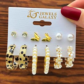 Retro C-style Pearl Earrings Set with Acrylic Leopard Print and Rhinestone Butterfly Studs