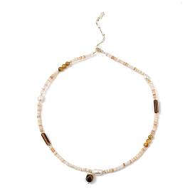 Natural Tiger Eye Beads Charm Necklace with Natural Shell & Pearl Beaded Chains