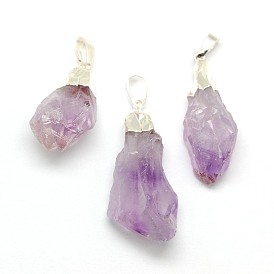  Natural Raw Rough Gemstone Amethyst Pendants, with Silver Color Plated Brass Findings, Irregular Nuggets