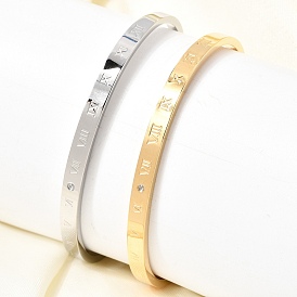 304 Brazaletes abiertos de acero inoxidable con micro pavé de circonitas cúbicas transparentes y números romanos para mujer, revestimiento de iones (ip)