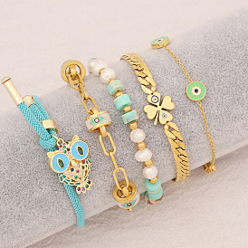 Bracelet de perles en pierre naturelle avec breloques tendance en forme de hibou et de fleurs en acier inoxydable