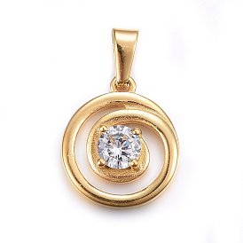 304 Stainless Steel Pendants, with Cubic Zirconia, Flat Round