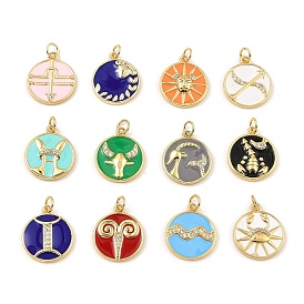Brass with Enamel Cubic Zirconia Pendants, Long-Lasting Plated, Lead Free & Cadmium Free, Flat Round with Twelve Constellation
