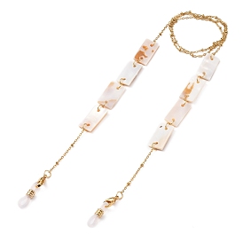 Eyeglasses Chains, Neck Strap for Eyeglasses, with Natural Shell Rectangle Links, Golden Plated 304 Stainless Steel Satellite Chains and Rubber Eyeglass Holders