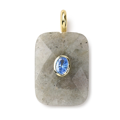 Natural Labradorite Faceted Pendants, Rectangle Charms with Brass Pave Cubic Zirconia Findings, Rack Plating, Golden