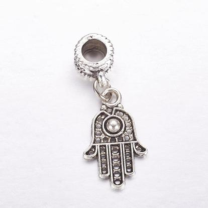 Tibetische Legierung europäische baumelnde Charms, Große lochanhänger, Hamsa Hand / Hand von Fatima / Hand von Miriam