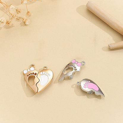 Valentine's Day Alloy Enamel Pendants, Couples Pendants, with Magnet, Heart with Bowknot & Footprint
