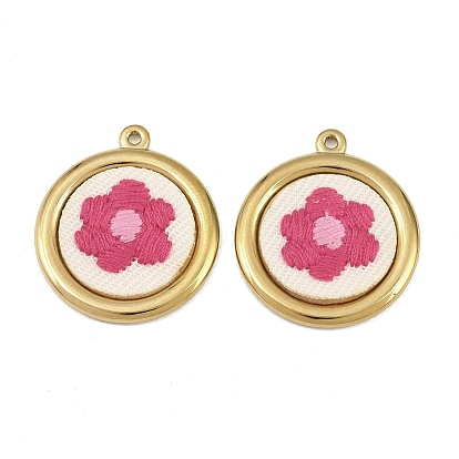304 Anhänger aus Edelstahl und Stickerei, flache Runde mit Blumenanhänger, cerise, Ionenbeschichtung (ip), langlebig überzogen