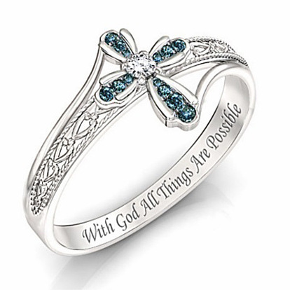 Rhinestone Cross Finger Rings, Word with God All Things are Possible Alloy Rings
