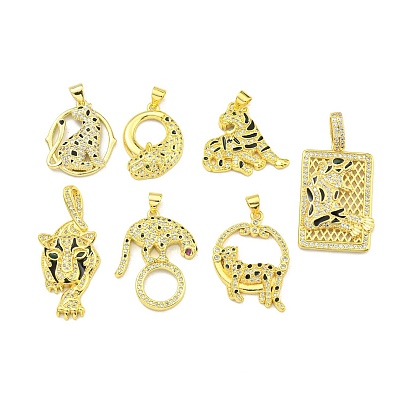Brass Micro Pave Cubic Zirconia Pendants, Cadmium Free & Nickel Free & Lead Free, Enamel Leopard Charms
