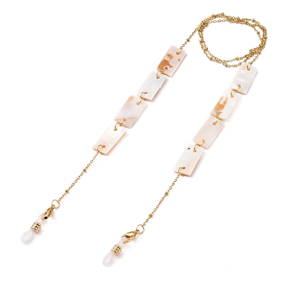Eyeglasses Chains, Neck Strap for Eyeglasses, with Natural Shell Rectangle Links, Golden Plated 304 Stainless Steel Satellite Chains and Rubber Eyeglass Holders