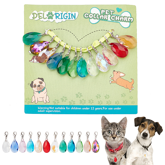 12шт 12 цвета граненые стеклянные подвески-капли украшения украшения, подвески из цинкового сплава с застежкой-лобстером, подвески на клипсах