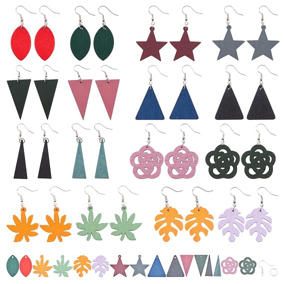 SUNNYCLUE DIY Dangle Earring Making Kits, with Printed Wooden Geometric Pendants and Earring Hooks, Mixed Shape