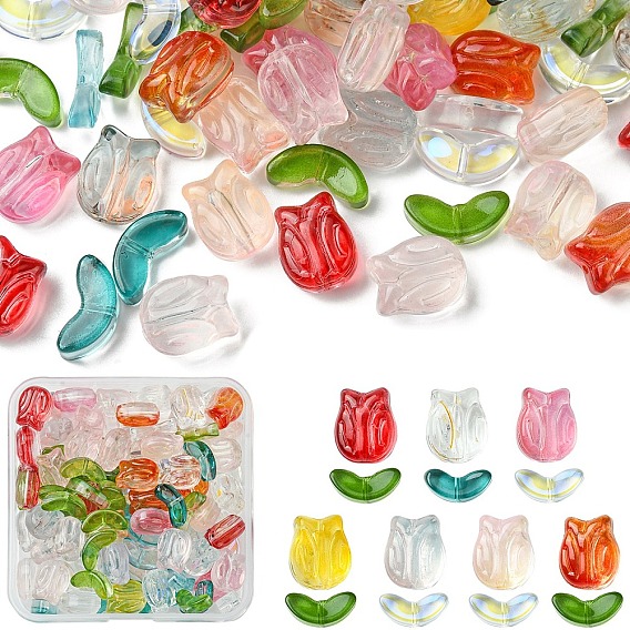 100 шт 2 стили прозрачные стеклянные бусины, цветок/лист тюльпана