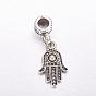 Tibetan Style Alloy European Dangle Charms, Large Hole Pendants, Hamsa Hand/Hand of Fatima/Hand of Miriam