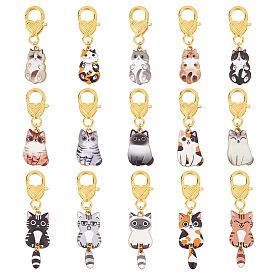 15Шт подвесные украшения из сплава эмали, Сплав с застежками когтя омара, форма кошки, золотые