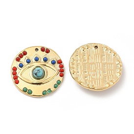 Vacuum Plating 201 Stainless Steel Pendants, with Resin, Real 18K Gold Plated, Flat Round with Eye Charm