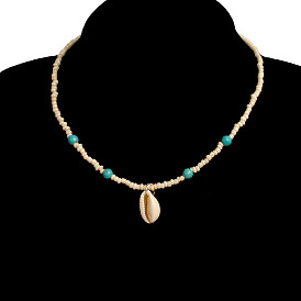 White Rice Bead Turquoise Shell Necklace - Short Fashion Collarbone Chain for Women.