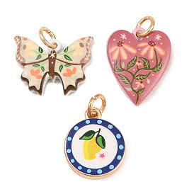 Painted Brass Pendants, Flat Round/Heart/Butterfly Charms, Golden