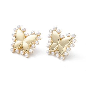 Long-Lasting Plated Brass Stud Earrings with Plastic Pearl for Women, Lead Free & Cadmium Free, Butterfly