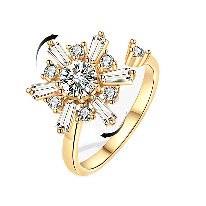 Snowflake Rotatable Open Cuff Ring Ring for Women, Brass Micro Pave Clear Cubic Zirconia Fidget Spinner Rings