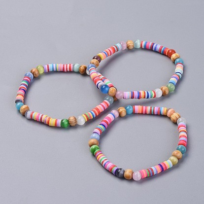 Bracelets élastiques faits à la main de perles heishi en pâte polymère, avec des perles en œil de chat et des perles en bois