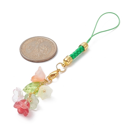 Flower/Leaf Glass Beads Mobile Straps, with Golden Iron Findings and Polyester Cord Mobile Accessories Decoration
