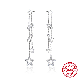 Rhodium Plated 925 Sterling Silver Micro Pave Cubic Zirconia Dangle Stud Earrings, Star Tassel Earrings, with 925 Stamp