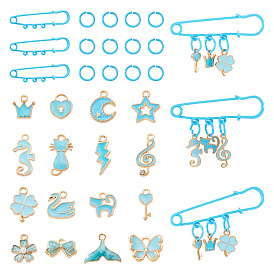DIY Brooch Making Kits, include 15Pcs Iron Open Jump Rings, 5Pcs Iron Brooch Findings. 48Pcs 16 Styles Alloy Enamel Pendants