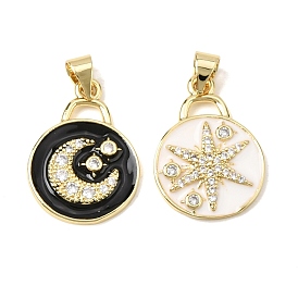 Латунные микропаве прозрачные подвески с фианитом, плоские круглые прелести, долговечный, стойки покрытие, без свинца и без кадмия, с эмалью