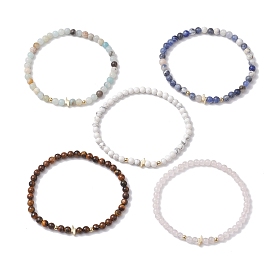 4mm Round Mixed Gemstone & Lightning Bolt Brass Beaded Stretch Bracelets