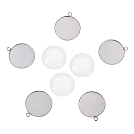 DIY Pendant Making, 304 Stainless Steel Pendant Cabochon Settings and Transparent Glass Cabochons, Flat Round