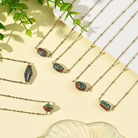 Brass Synthetic Coral and Turquoise Tibetan Beads Pendant 304 Stainless Steel Satellite Chain Necklaces, Mixed Color, Mixed Shapes