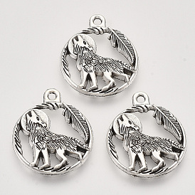 Tibetan Style Alloy Howling Wolf Pendants, Cadmium Free & Nickel Free & Lead Free, Flat Round with Wolf