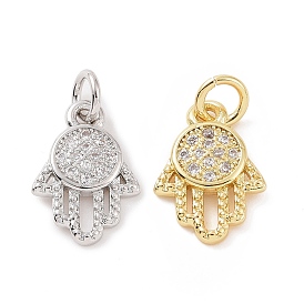 Brass Micro Pave Cubic Zirconia Palm Charms, with Jump Ring, Hamsa Hand Charm