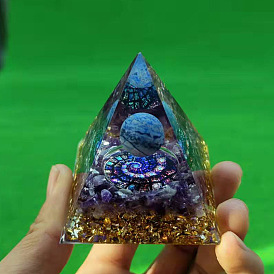 Orgonite Pyramid Resin Energy Generators, Natural Amethyst Chips Inside for Home Office Desk Decoration