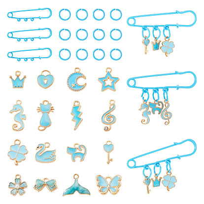 DIY Brooch Making Kits, include 15Pcs Iron Open Jump Rings, 5Pcs Iron Brooch Findings. 48Pcs 16 Styles Alloy Enamel Pendants