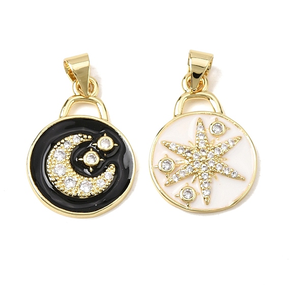 Латунные микропаве прозрачные подвески с фианитом, плоские круглые прелести, долговечный, стойки покрытие, без свинца и без кадмия, с эмалью