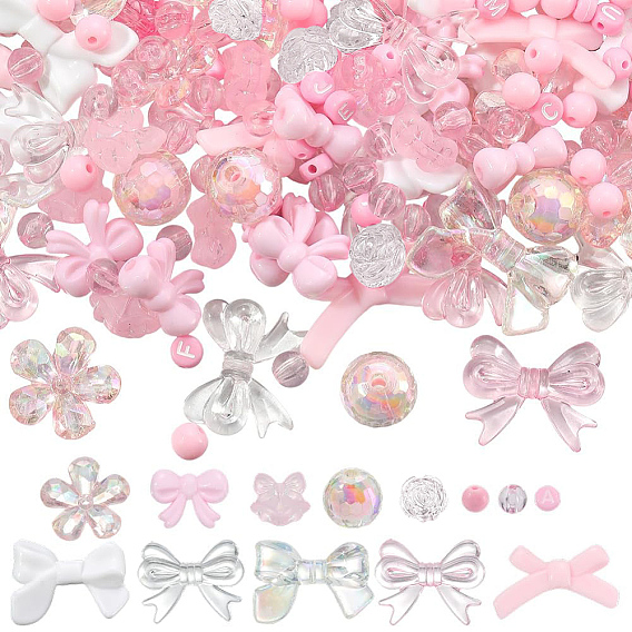 100Pcs 10 Styles Opaque & Transparent Acrylic Beads, Bowknot & Flower & Round