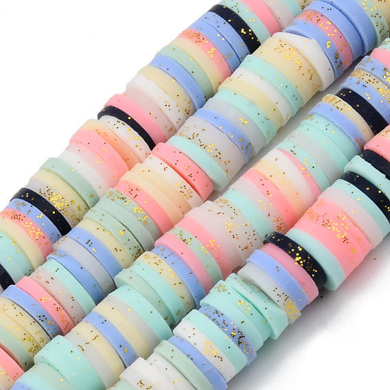 Handmade Polymer Clay Beads Strands, for DIY Jewelry Crafts Supplies, with Glitter Gold Powder, Heishi Beads, Disc/Flat Round