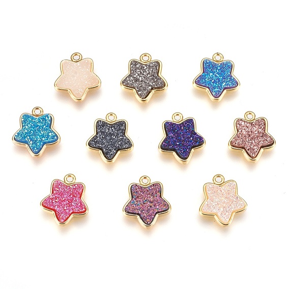 Resin Imitation Druzy Crystal Pendants, with Brass Findings, Star