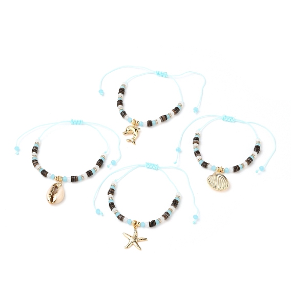 Ocean Theme Adjustable Nylon Thread Braided Bead Bracelets, with Brass Pendants, Natural Shell Beads, Glass Beads and Brass Rhinestone Spacer Beads, Mixed Shapes, Golden