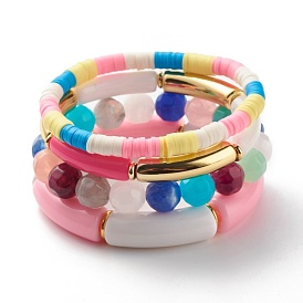 Handmade Polymer Clay Heishi Beads Stretch Bracelets Set, Imitation Jade Curved Tube & Round Beads Bracelets for Women