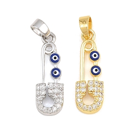 Pendentifs en laiton zircon cubique transparent, avec émail bleu, Épingle de sûreté avec breloques œil protecteur