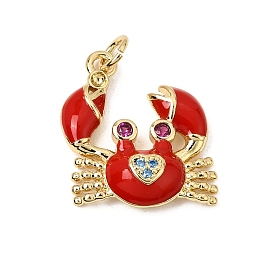 Brass Micro Pave Colorful Cubic Zirconia Pendants, with Enamel, Crab Charms, Rack Plating, Long-Lasting Plated, Cadmium Free & Lead Free, Real 18K Gold Plated