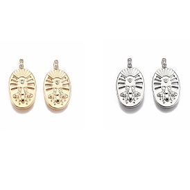 Ion Plating(IP) Brass Micro Pave Clear Cubic Zirconia Pendants, Nickel Free, Oval with Bee
