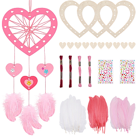 Наборы для изготовления сеток/паутины своими руками с перьями, включая деревянную рамку для венка в форме сердца, гусиное перо, акриловые наклейки горного хрусталя, вышивка мулине