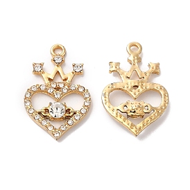 Rack Plating Alloy Crystal Rhinestone Pendants, Heart with Crown Charms