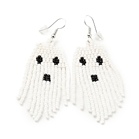 Glass Seed Braided Ghost Chandelier Earrings, Chain Tassel Alloy Halloween Earrings for Women